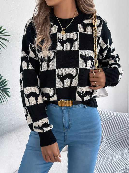 Women's Cozy Cat Checkerboard Pattern Sweater — women's knit sweater Australia