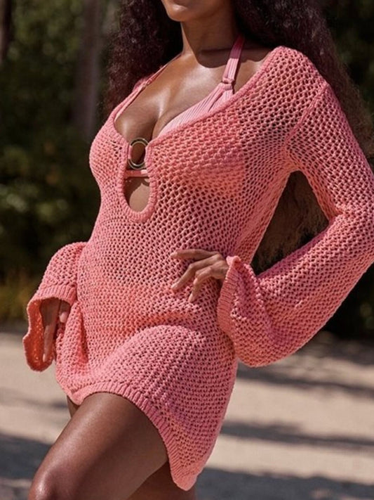 Women's Long Sleeve Crochet Knit Cover Up Dress — women's knitwear Australia