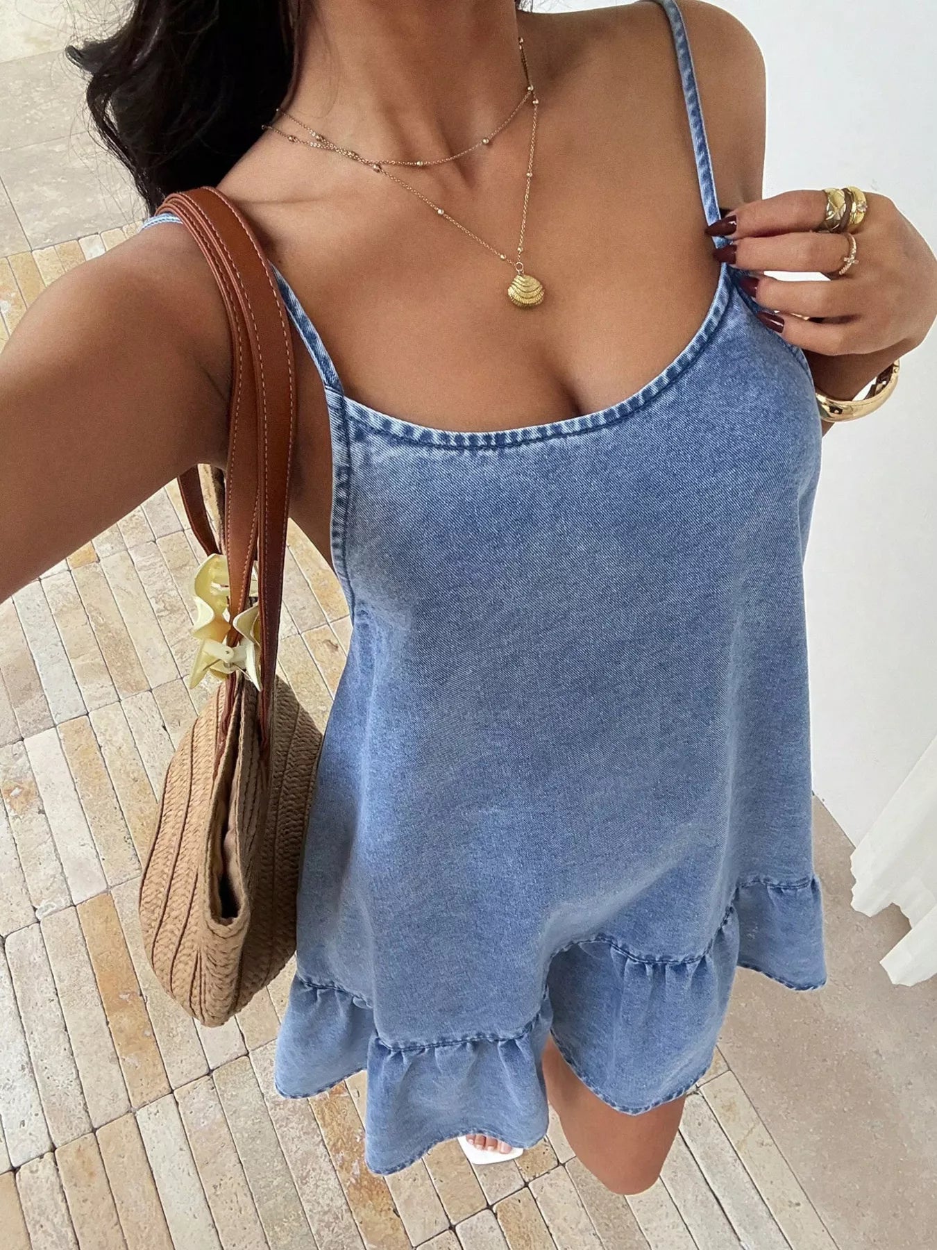 Women's Casual Spaghetti Strap Ruffle Hem Denim Dress — Chic and Unique AU
