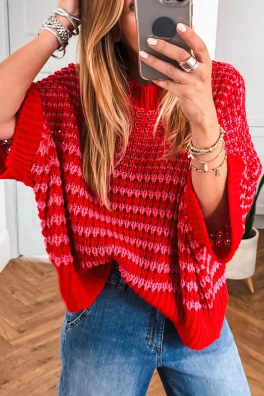 Women's Stripe Wavy Crochet Eyelet Detail Ruffle Half Sleeve Sweater — women's knit sweater Australia
