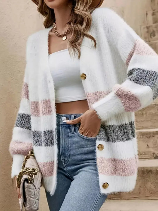 Women's Striped Fuzzy Knit Button-Up Cardigan — women's knit cardigan Australia