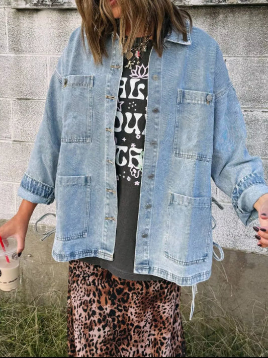 Patched Pockets Side Tie Denim Jacket — women's jacket Australia