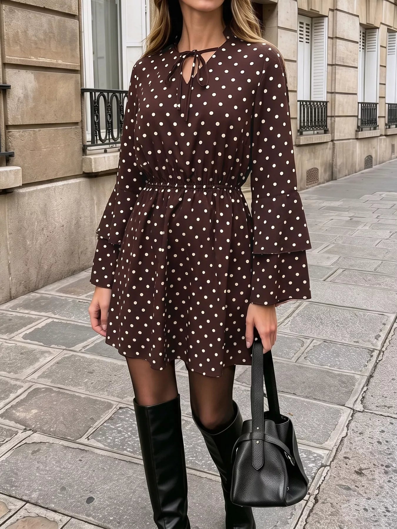 Women's Polka Dot Flare Sleeve Tie Neck Dress — Chic and Unique AU