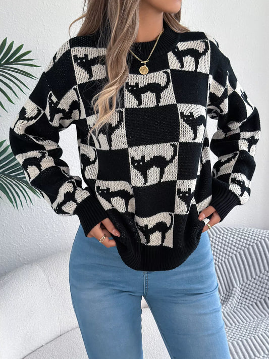 Women's Cozy Cat Checkerboard Pattern Sweater — women's knit sweater Australia