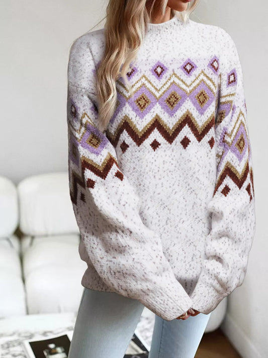 Women's Geometric Pattern Mock Neck Sweater — women's knit sweater Australia