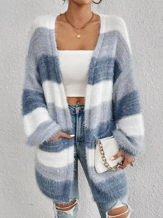 Women's Striped Fuzzy Knit Open Front Cardigan — women's knit cardigan Australia