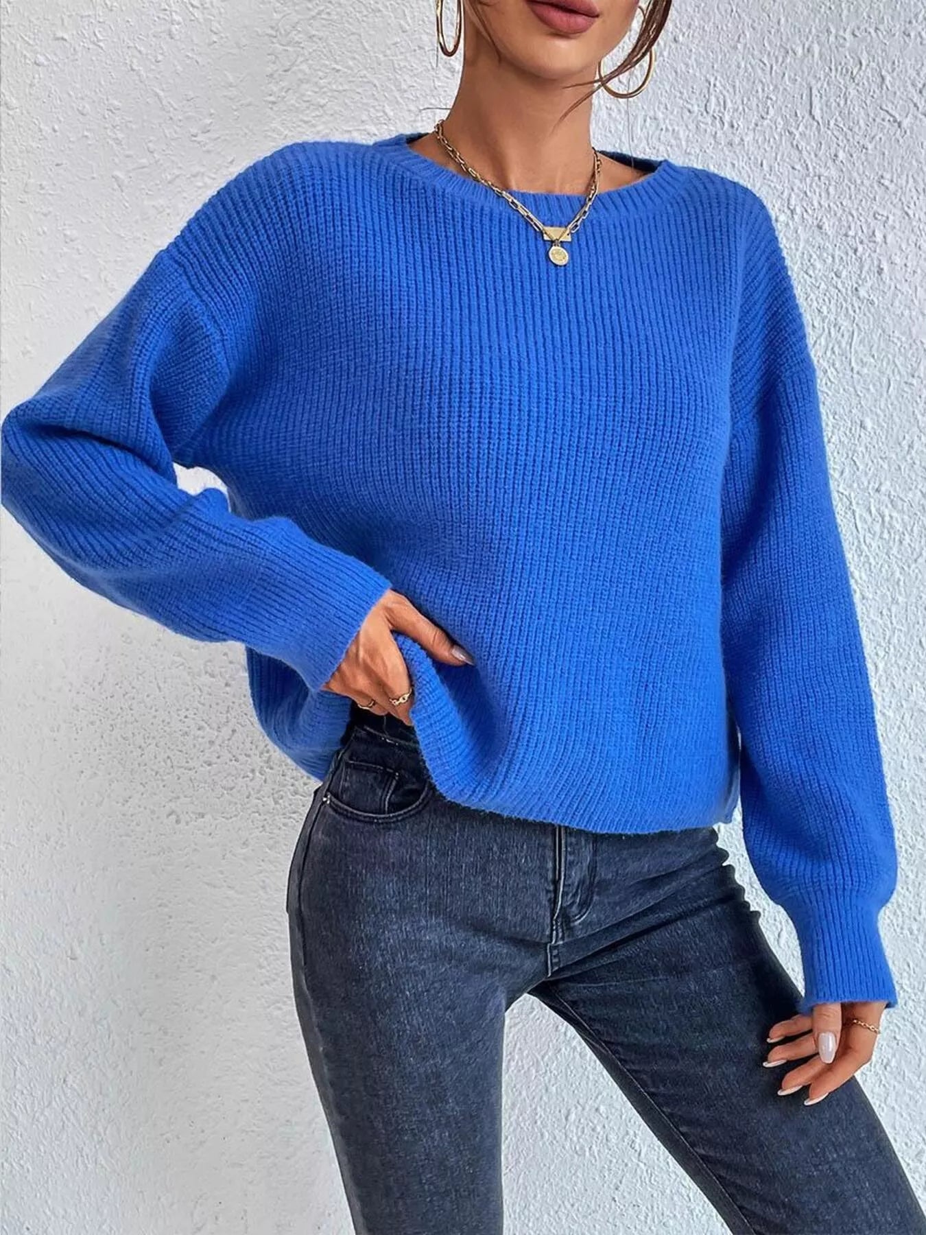 Women's Ribbed Knit Dropped Shoulder Sweater — women's knit sweater Australia