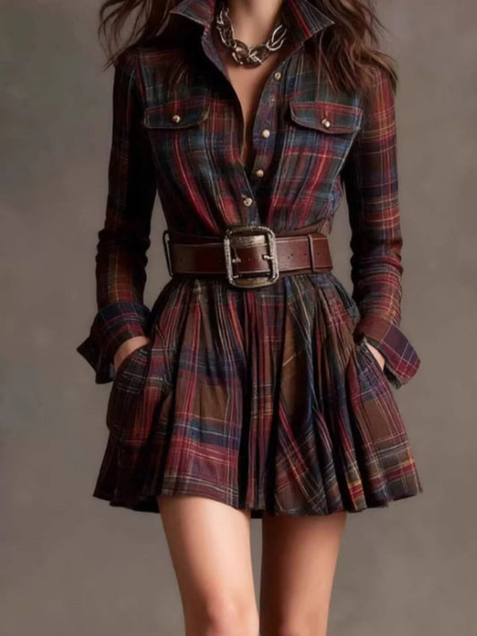 Plaid Long Sleeve Shirt Dress — women's mini dress Australia