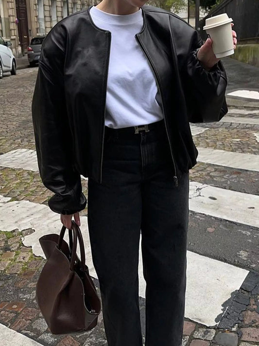 Zip Up Leather Bomber Jacket — women's jacket Australia