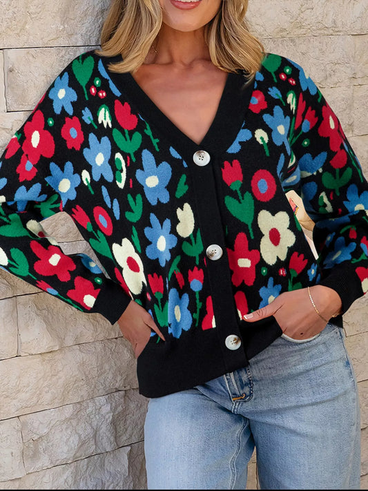 Women's Floral Print V Neck Buttoned Cardigan — women's knit cardigan Australia