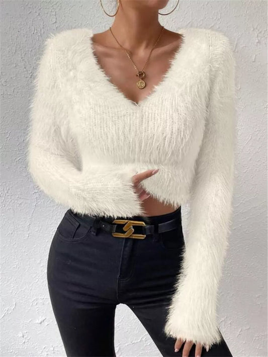 Women's Fluffy Knit V-Neck Sweater — women's knitwear Australia