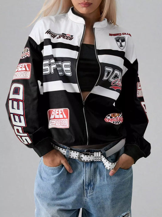 Letter Zip Up Dropped Shoulder Jacket — women's jacket Australia