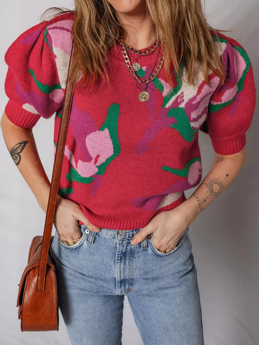 Women's Floral Abstract Print Short Puff Sleeve Sweater — women's knit sweater Australia