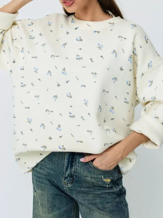 Women's Ribbed Hem Floral Long Sleeve Sweater — women's knit sweater Australia