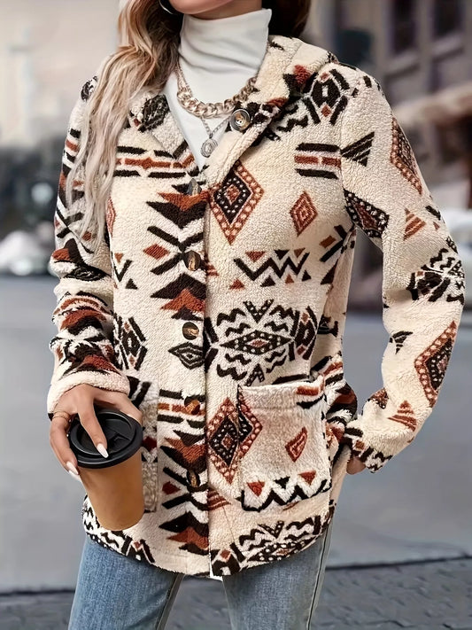 Ethnic Pattern Button-Up Fleece Outerwear — women's outerwear Australia