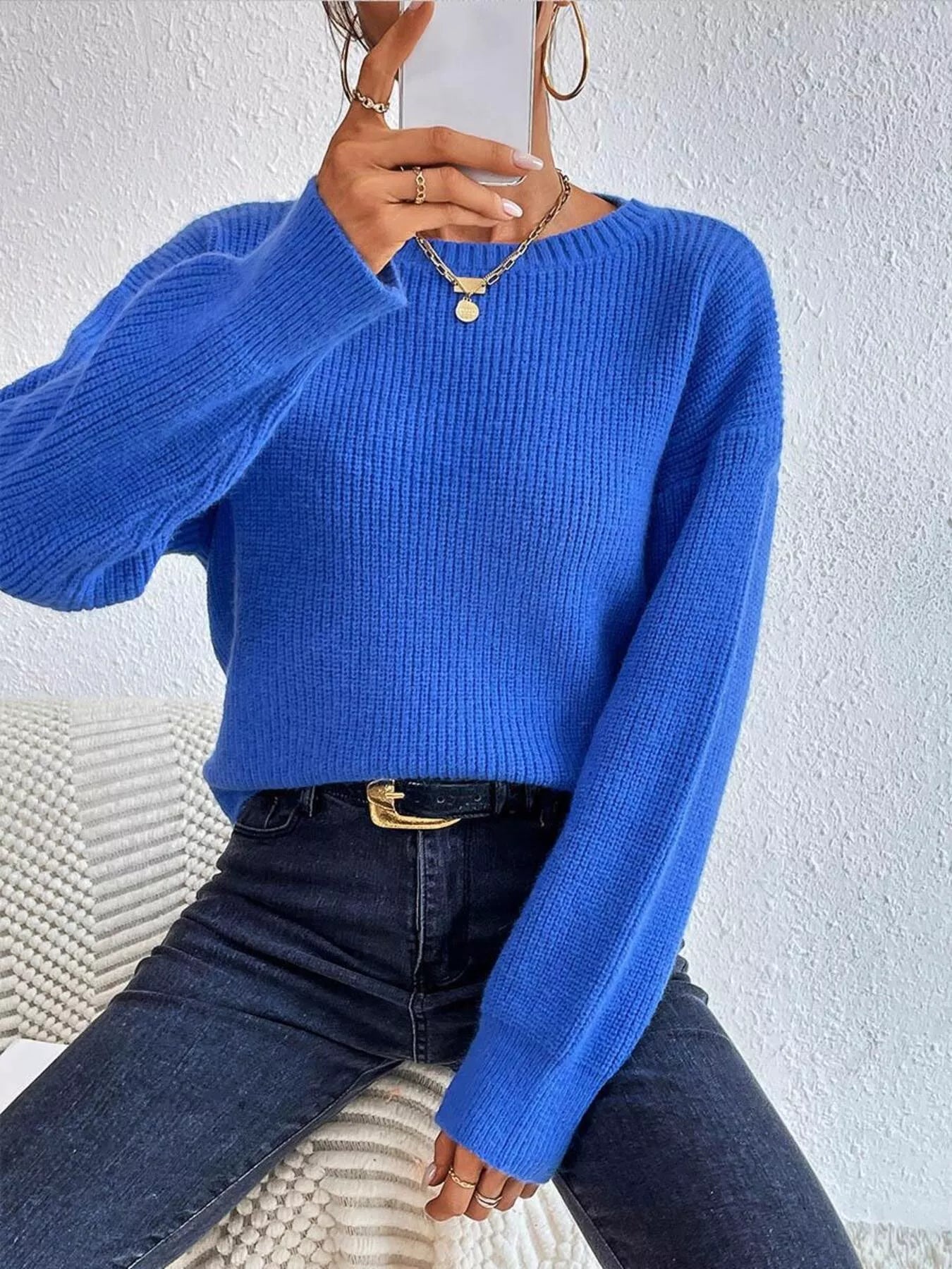 Women's Ribbed Knit Dropped Shoulder Sweater — women's knit sweater Australia
