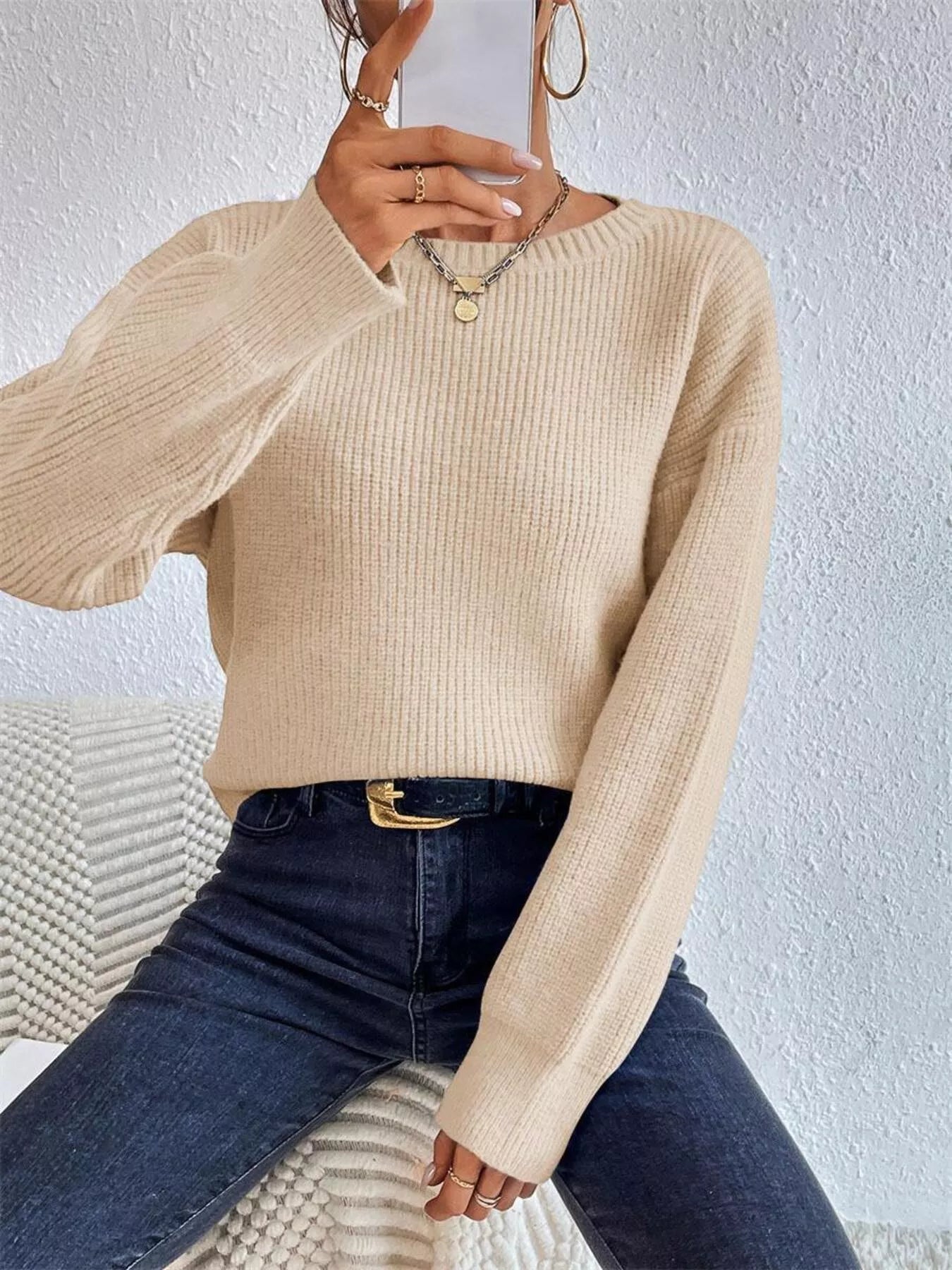 Women's Ribbed Knit Dropped Shoulder Sweater — women's knit sweater Australia