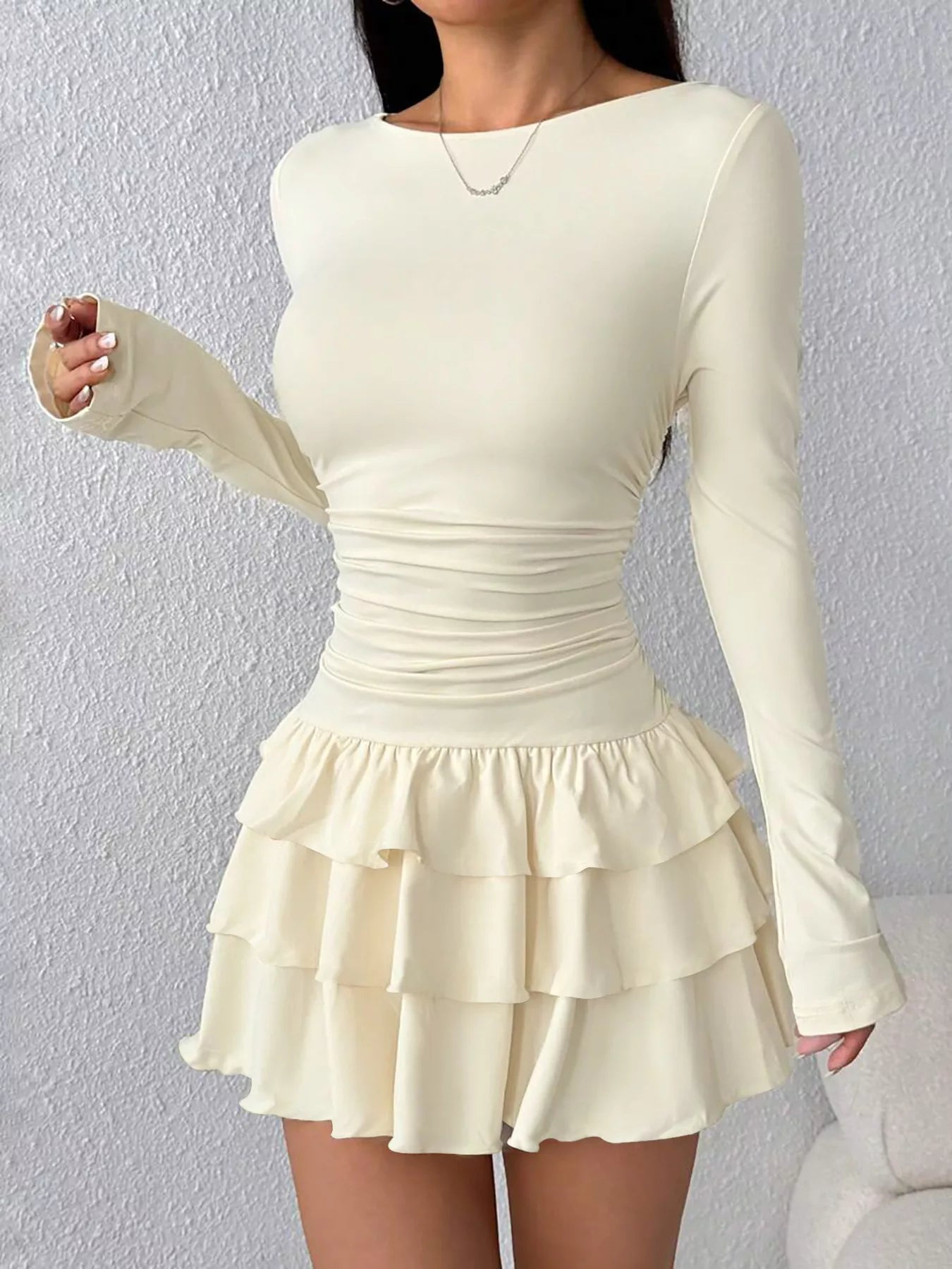 Women's Ruched Long Sleeve Layered Ruffle Mini Dress — Chic and Unique AU