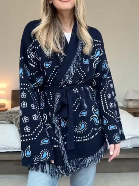 Women's Printed Fringe Long Sleeve Cardigan — women's knit cardigan Australia