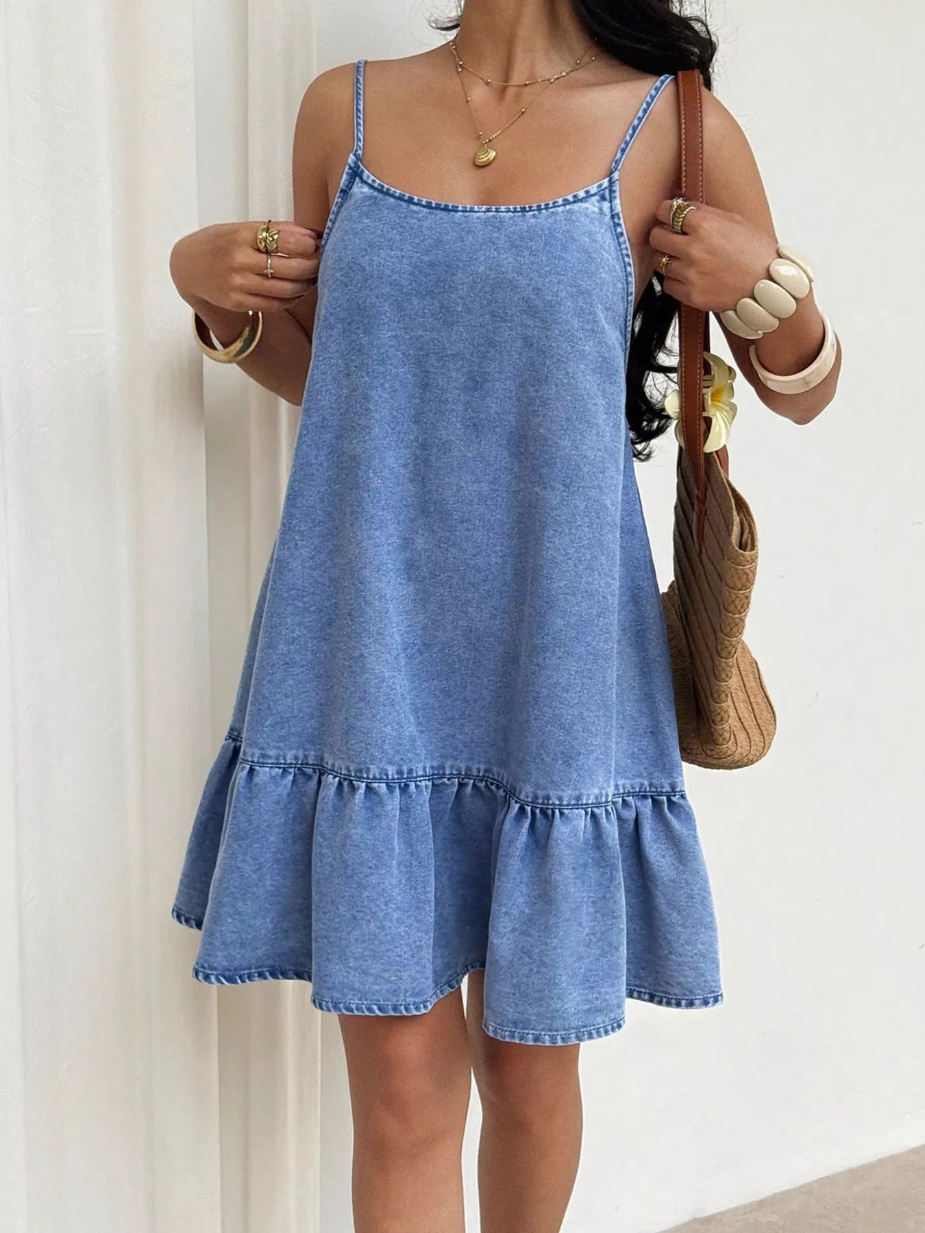 Women's Casual Spaghetti Strap Ruffle Hem Denim Dress — Chic and Unique AU