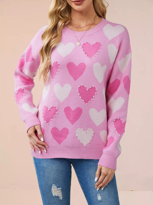 Women's Heart Pattern Beaded Round Neck Sweater — women's knitwear Australia