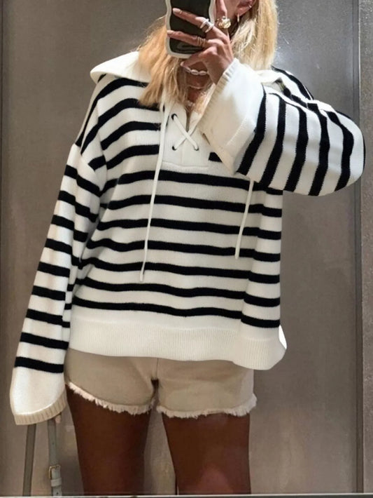 Women's Striped Lace-Up Long Sleeve Sweater — women's knit sweater Australia