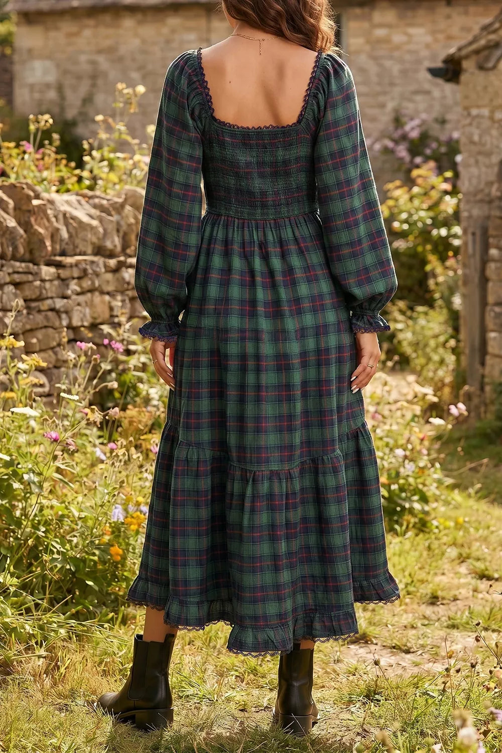 Women's Plaid Long Sleeve Tiered Midi Dress — Chic and Unique AU