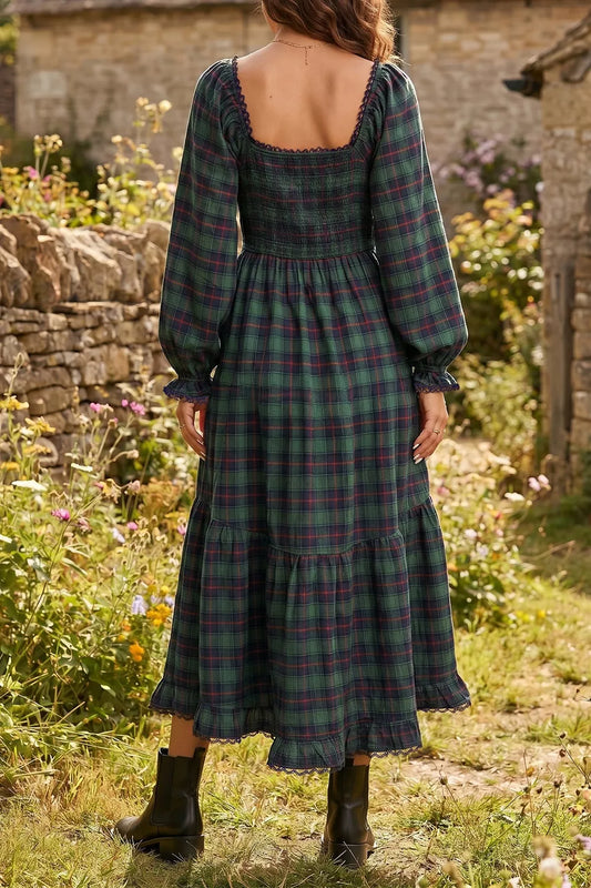 Women's Plaid Long Sleeve Tiered Midi Dress — Chic and Unique AU