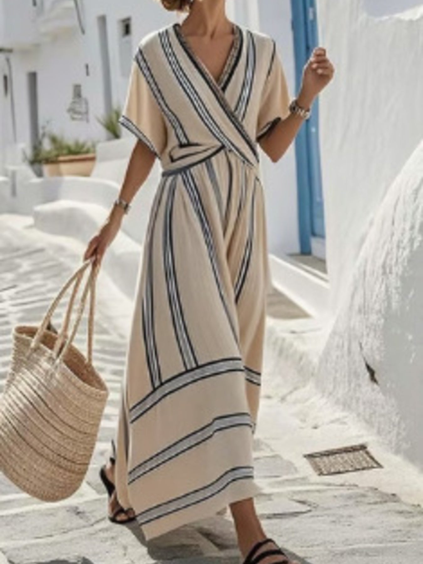 Women's Full Size Striped Short Sleeve Wrap Maxi Dress Plus Size — Chic and Unique AU