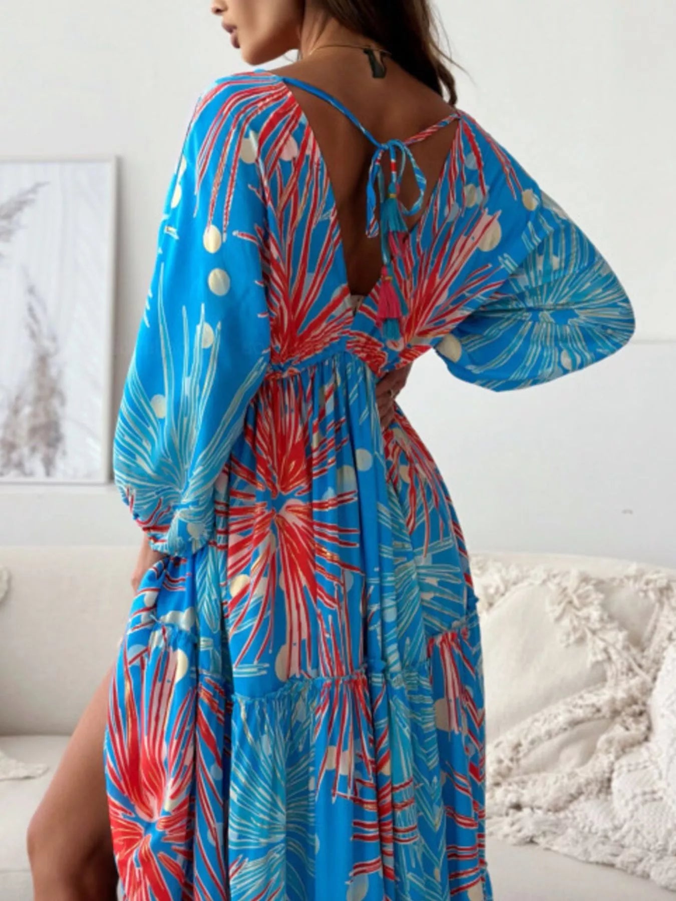 Women's Printed V-Neck Balloon Sleeve Slit Maxi Dress — Chic and Unique AU