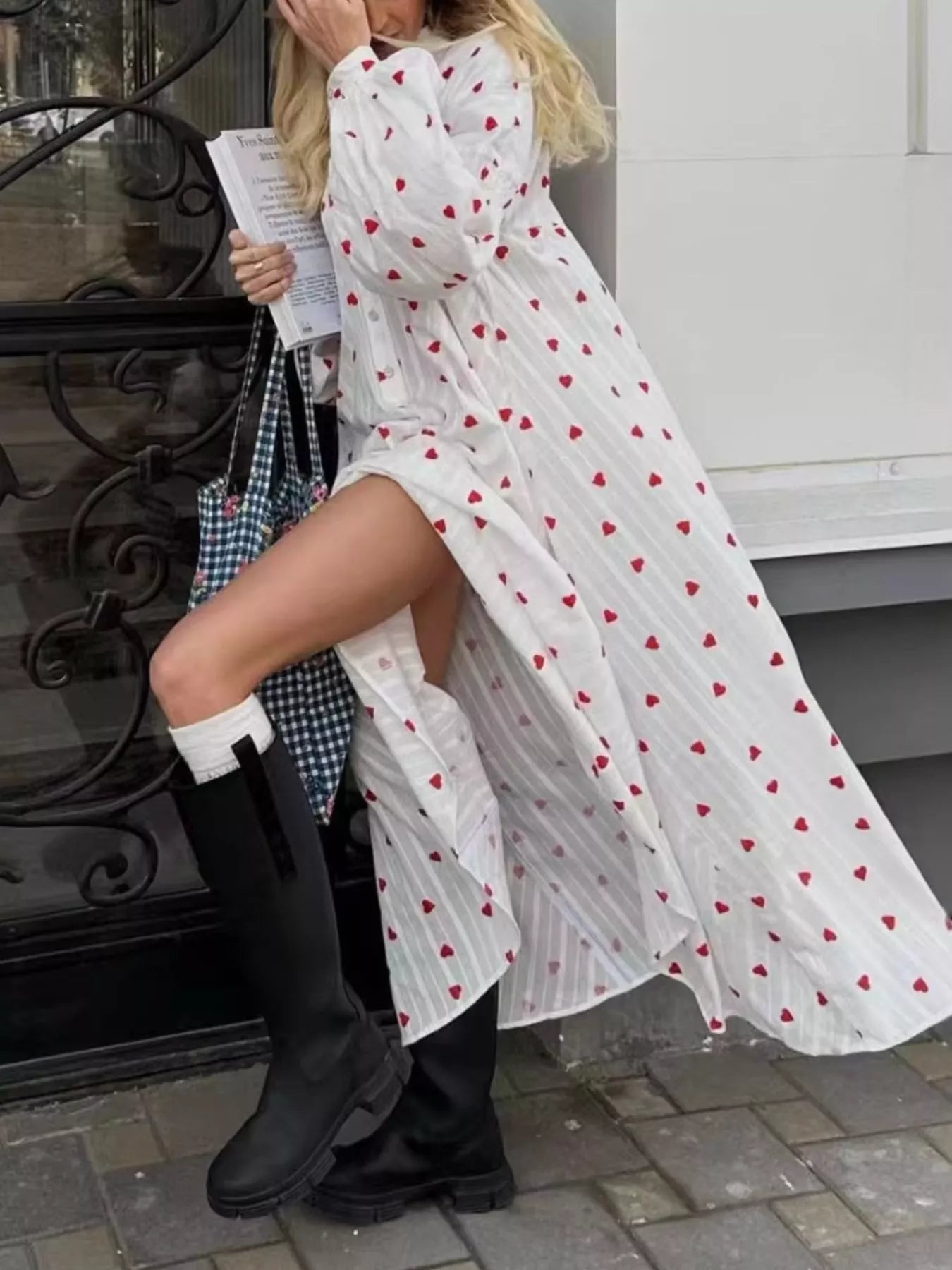 Women's Heart Print Maxi Dress with Puff Sleeves — Chic and Unique AU