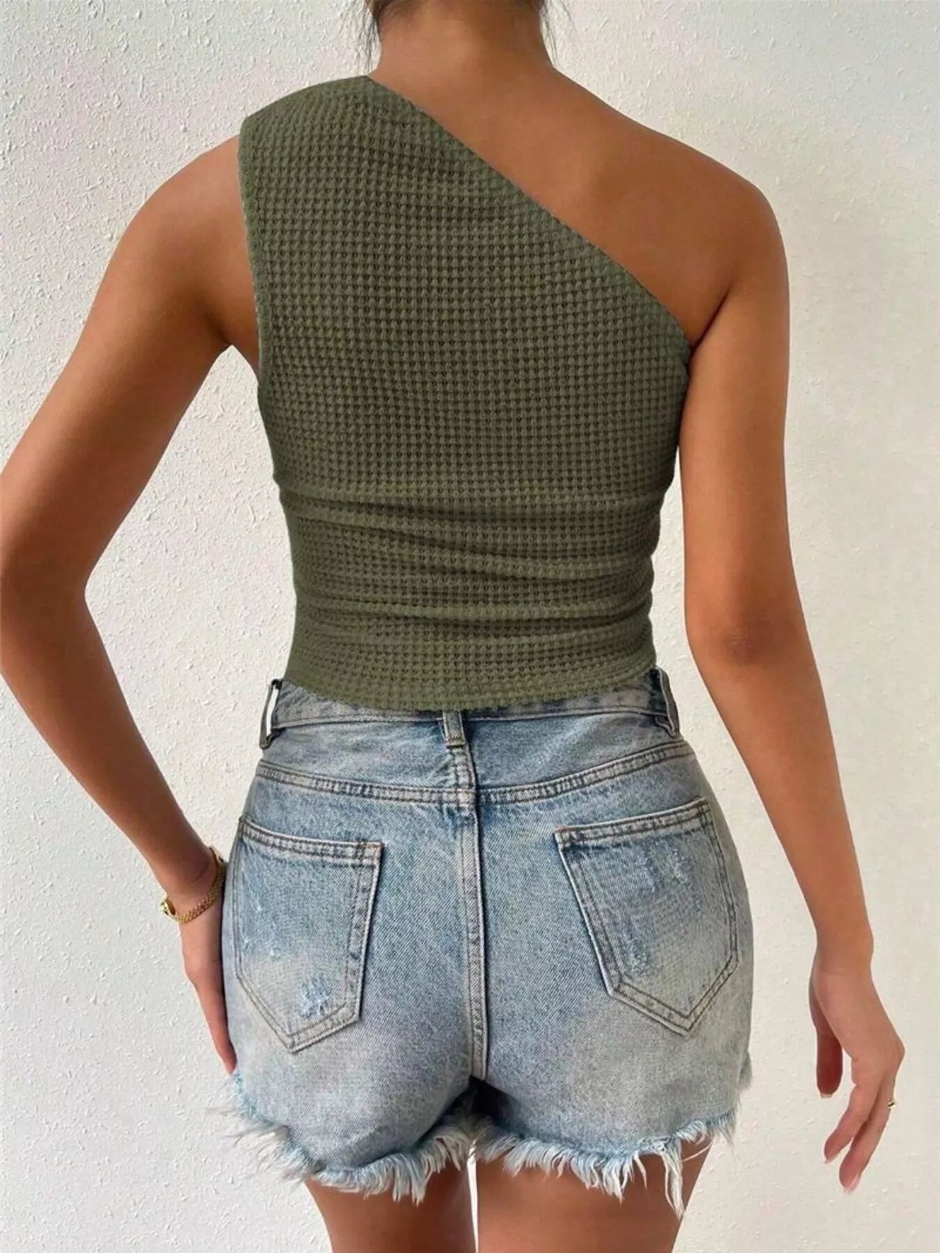 Textured Waffle Knit One-Shoulder Tank — women's tank top Australia