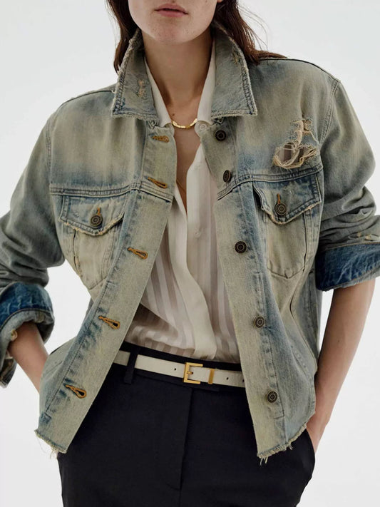 Distressed Wash Button Up Denim Jacket — women's jacket Australia
