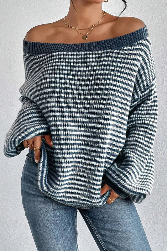 Women's Striped Lantern Sleeve Drop Shoulder Cozy Sweater — women's knitwear Australia