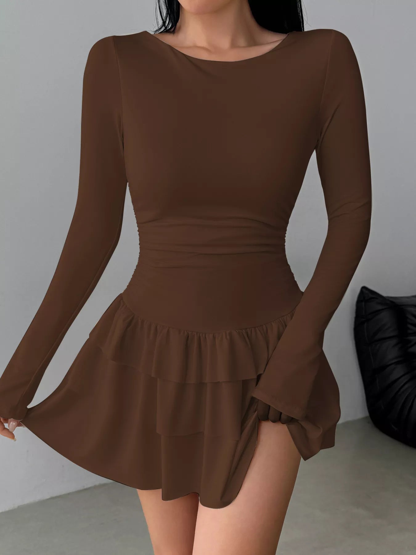 Women's Ruched Long Sleeve Layered Ruffle Mini Dress — Chic and Unique AU