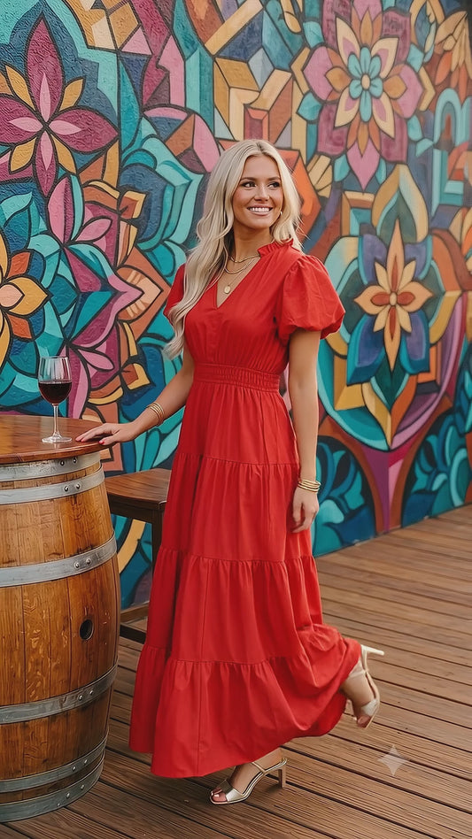 Women's Puff Sleeve Tiered Maxi Dress